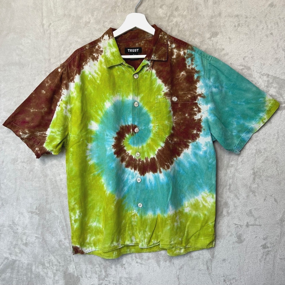 Trust Lounge Shirt Mens Large Tie Dye Linen Rayon Short Sleeve Button‎ Up